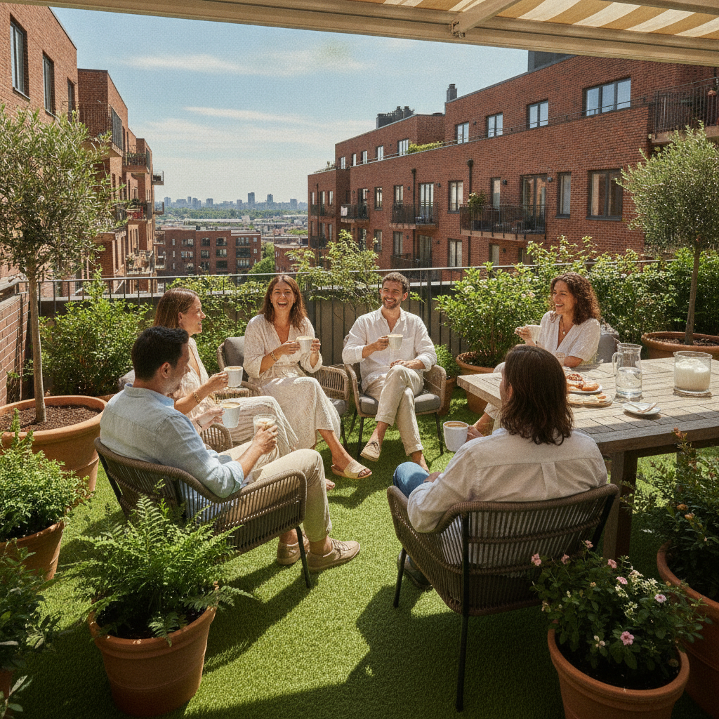 Musterentwurf: Nachbarn unterhalten sich auf einer begrünten Terrasse